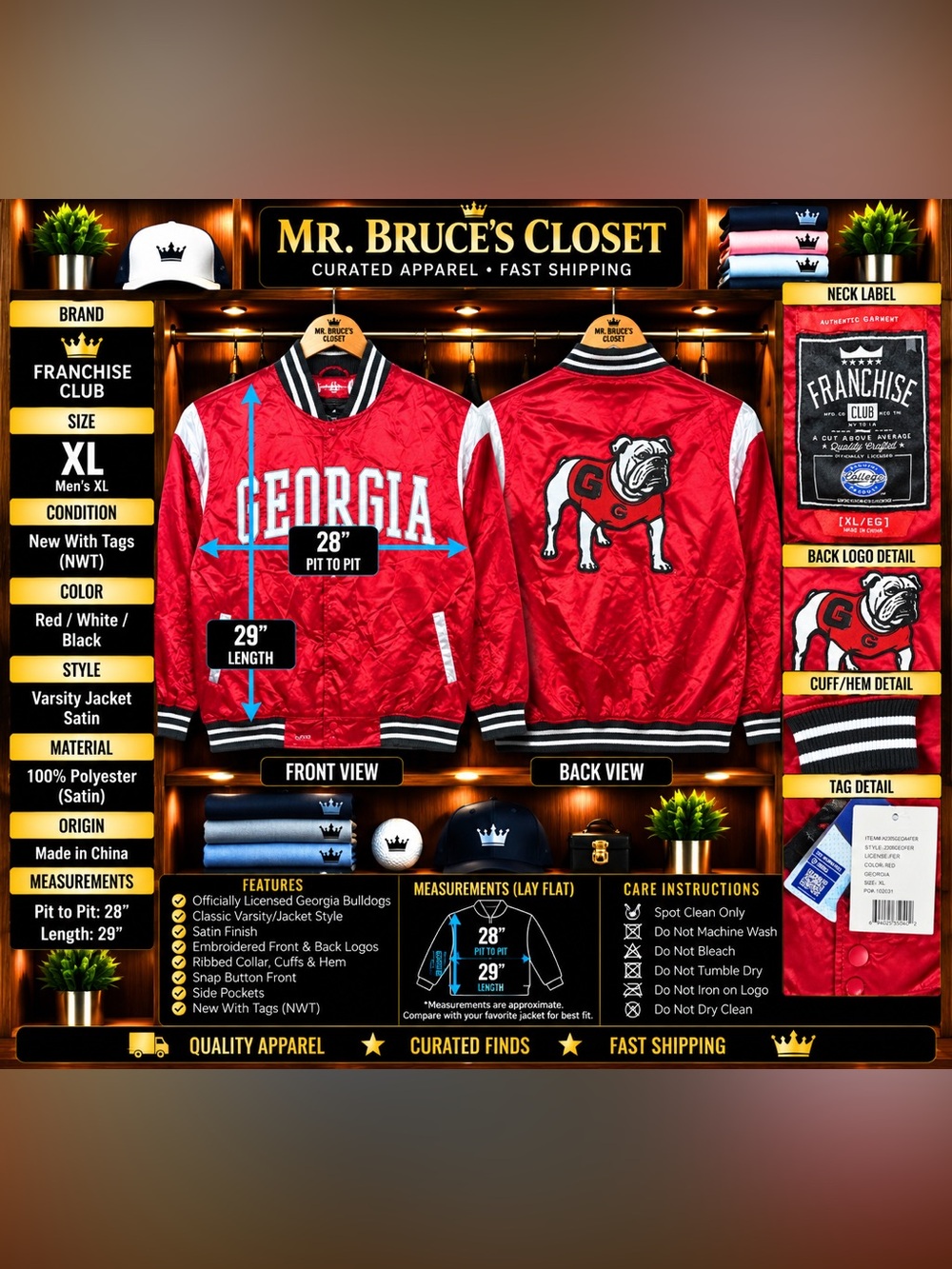 Georgia Bulldogs Franchise Club Satin Varsity Jacket Red Men’s XL NWT NCAA